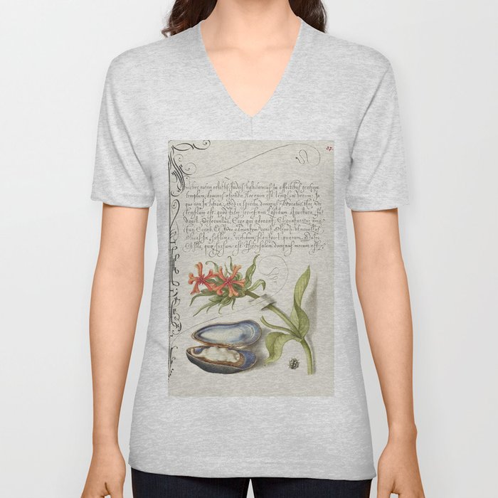 Oyster and flowers vintage calligraphic art V Neck T Shirt