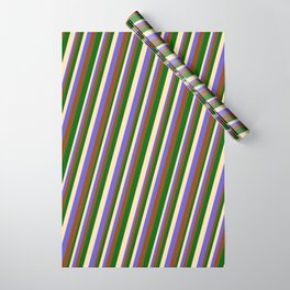 [ Thumbnail: Beige, Slate Blue, Brown, and Dark Green Colored Lines/Stripes Pattern Wrapping Paper ]