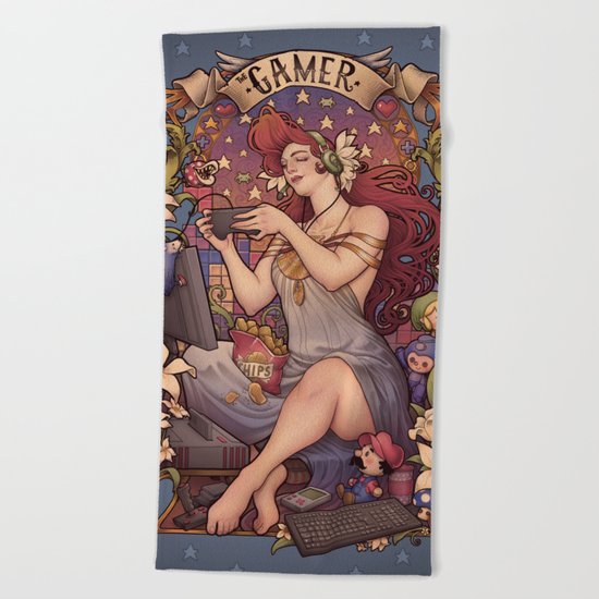 Gamer girl Nouveau Beach Towel