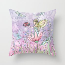 A Friendly Encounter Fairy and Ladybug Art by Molly Harrison Throw Pillow