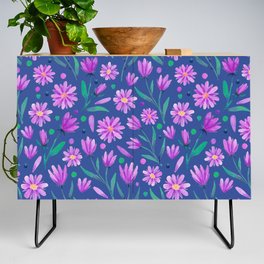 Watercolor florals purple on blue Credenza