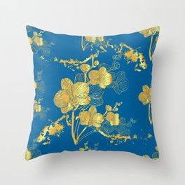 Gold & Turqouise Floral Orchid Pattern Throw Pillow