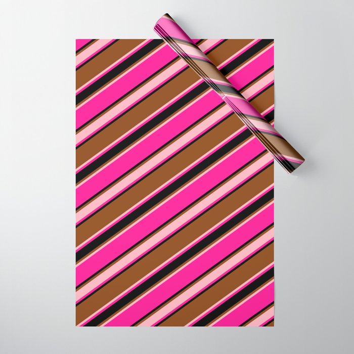 Brown, Light Pink, Deep Pink & Black Colored Stripes/Lines Pattern Wrapping Paper