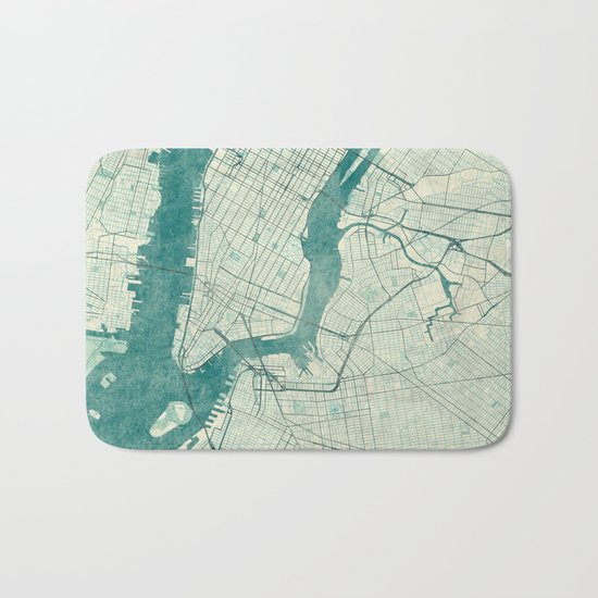 New York Map Blue Vintage Bath Mat