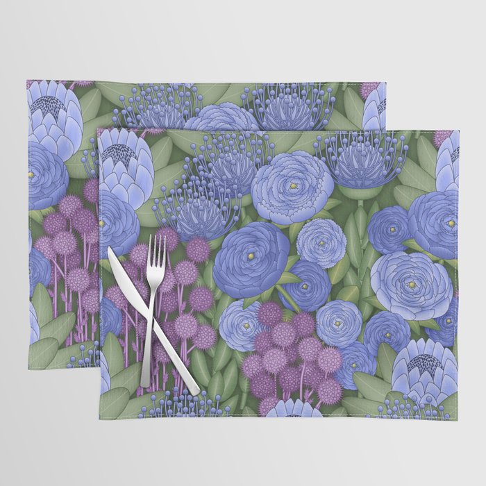 Romantic Bohemian Floral and Thistle Pattern // Cobalt Blue, Royal Blue, Green, Plum Purple Placemat