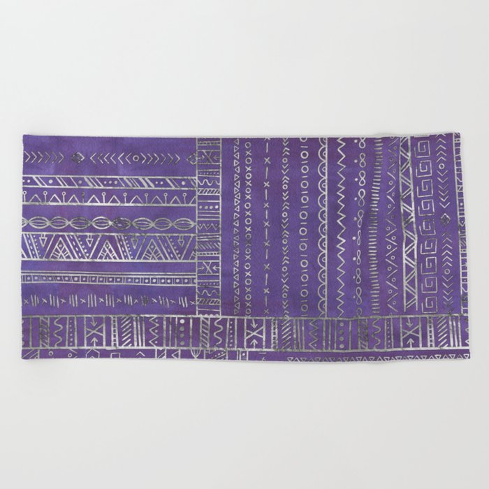 Tribal Ethnic pattern silver on  purple Beach Towel