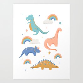 Dinosaurs + Rainbows in Blush Pink + Gold + Blue Art Print