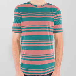 [ Thumbnail: Light Coral and Teal Colored Lined Pattern All Over Graphic Tee ]