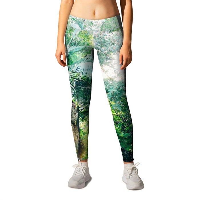 Lost in the jungle bright green tropical palm tree forest photography  Leggings by Audrey Chenal