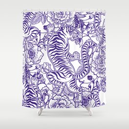 Beautiful vintage ink chinese tiger in chinoiserie style design. Hand drawn vintage illustration. Seamless pattern.  Shower Curtain