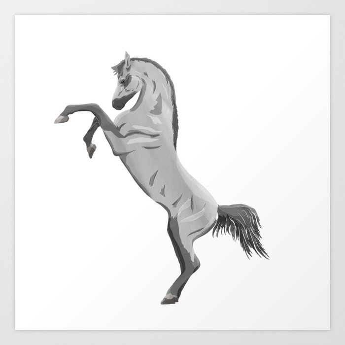  light gray horse rearing, digital painting Art Print
