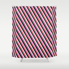 [ Thumbnail: Eye-catching Violet, Red, Dark Slate Gray, Black & White Colored Striped/Lined Pattern Shower Curtain ]
