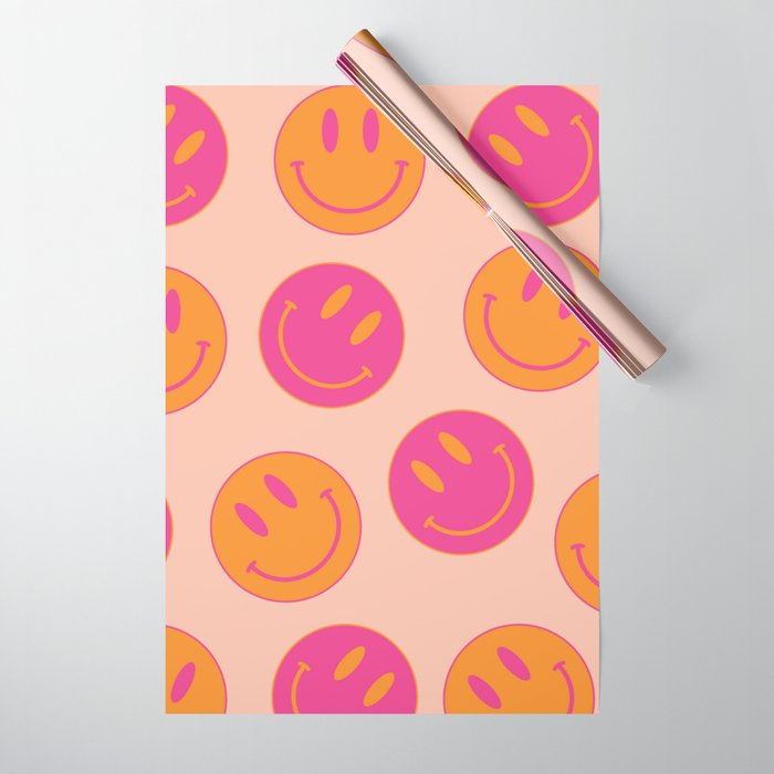 Large Pink and Orange Groovy Smiley Face Pattern - Retro Aesthetic  Wrapping Paper