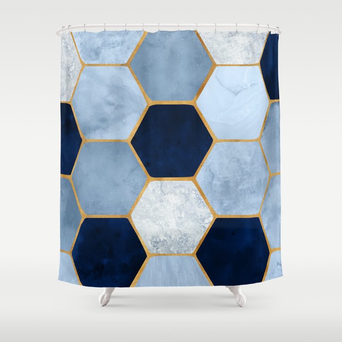 Deco Blue Marble Ii With Metallic Gold, Light Blue And Gold Shower Curtain