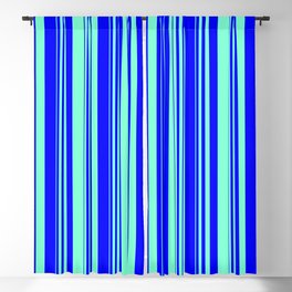[ Thumbnail: Blue & Aquamarine Colored Striped Pattern Blackout Curtain ]