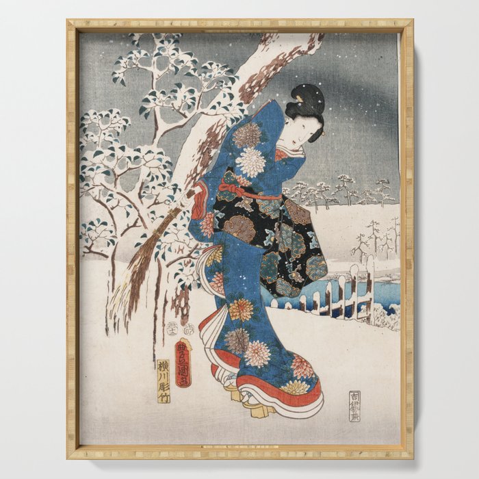Japanese Vintage Kunisada Hiroshige Snowy Landscape Serving Tray