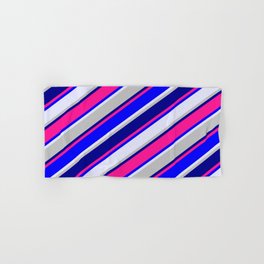 [ Thumbnail: Vibrant Grey, Dark Blue, Deep Pink, Blue & Lavender Colored Stripes/Lines Pattern Hand & Bath Towel ]