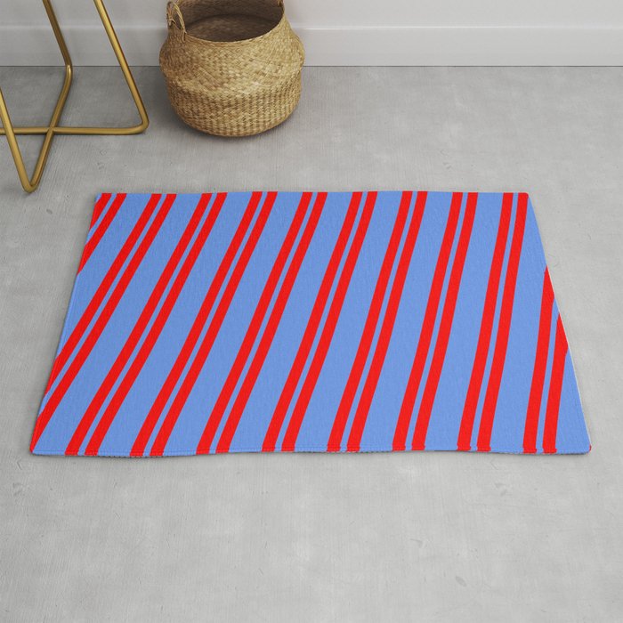 Red and Cornflower Blue Colored Lines Pattern Rug