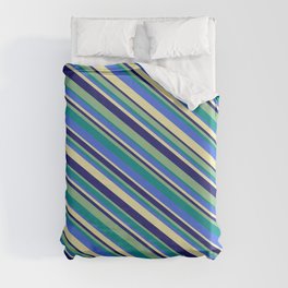 [ Thumbnail: Dark Sea Green, Dark Cyan, Royal Blue, Pale Goldenrod, and Midnight Blue Colored Stripes Pattern Duvet Cover ]
