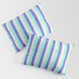 [ Thumbnail: Aquamarine, Medium Slate Blue, and Beige Colored Lined Pattern Pillow Sham ]