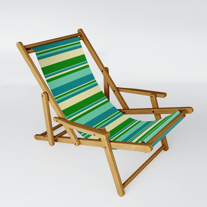 Aquamarine, Teal, Pale Goldenrod, and Green Colored Striped Pattern Sling Chair