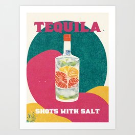 Tequila Retro Poster Shots with Salt Bar Prints, Vintage Drinks, Recipe, Wall Art Art Print