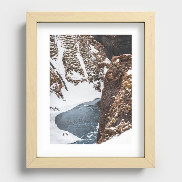 Blue River with Snow Fjaðrárgljúfur Canyon Iceland Recessed Framed Print