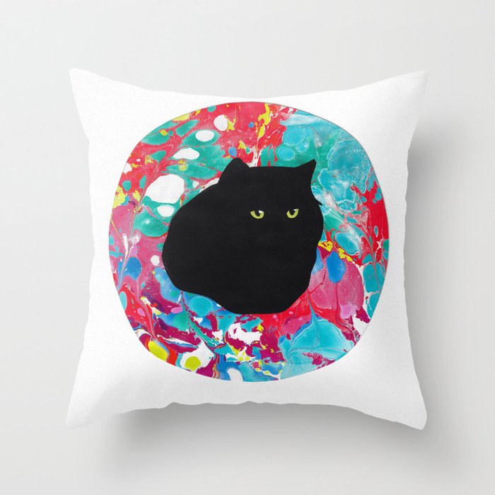 Black Cat Circle Throw Pillow