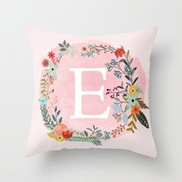 Flower Wreath with Personalized Monogram Initial Letter E on Pink Watercolor Paper Texture Artwork Throw Pillow