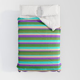 [ Thumbnail: Vibrant Tan, Purple, Forest Green, Green & Aqua Colored Striped/Lined Pattern Comforter ]