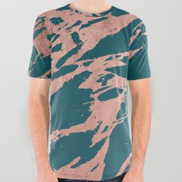 Modern Rose Gold Peacock Teal Marble All Over Graphic Tee