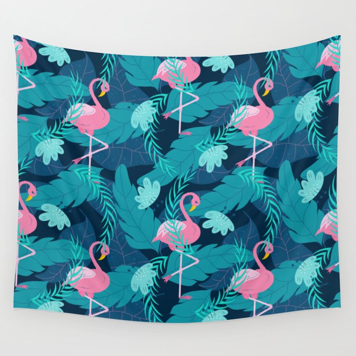 Seamless summer pattern with pink flamingo and tropical leaves Wall Tapestry