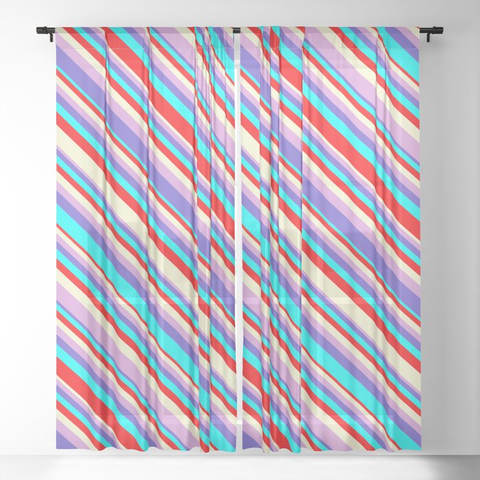 Eyecatching Light Yellow, Plum, Slate Blue, Aqua & Red Colored Stripes/Lines Pattern Sheer Curtain