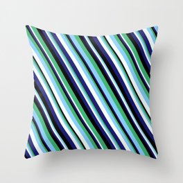 [ Thumbnail: Eye-catching Sea Green, Light Sky Blue, Mint Cream, Midnight Blue, and Black Colored Lined Pattern Throw Pillow ]