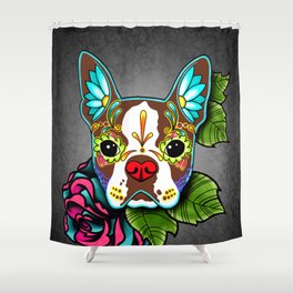 Boston Terrier in Red - Day of the Dead Sugar Skull Dog Shower Curtain