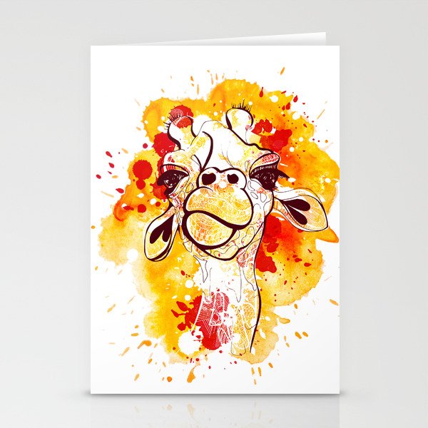 Orange watercolor and doodled Giraffe Stationery Cards