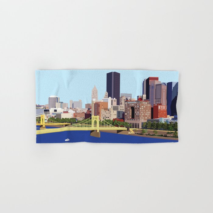 Fun Computer Illustration of Downtown Pittsburgh Skyline, Bridges, and Allegheny River Hand & Bath Towel