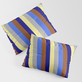 [ Thumbnail: Vibrant Royal Blue, Dark Grey, Tan, Blue, and Brown Colored Lines/Stripes Pattern Pillow Sham ]