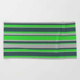 [ Thumbnail: Dark Slate Gray, Lime Green & Dark Gray Colored Stripes Pattern Beach Towel ]