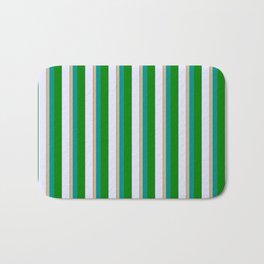 [ Thumbnail: Vibrant Tan, Dark Cyan, Green, Lavender & Black Colored Striped/Lined Pattern Bath Mat ]