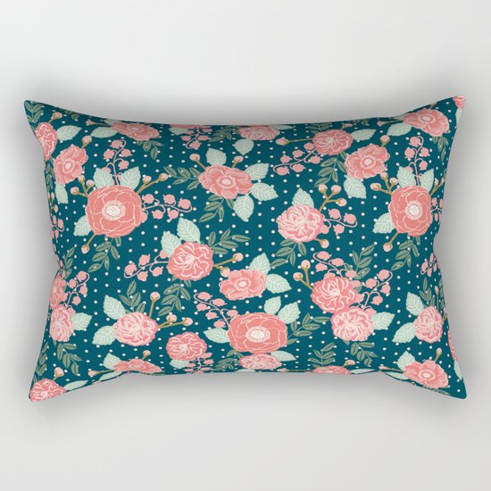 Florals boho modern watercolor blooming blossom garden nature summer spring navy pink white Rectangular Pillow