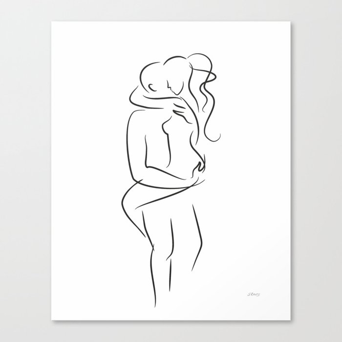 Sexy drawing of a couple kissing. Erotic embrace line art. Canvas Print