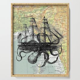 Octopus Attacks Ship on map background Serving Tray