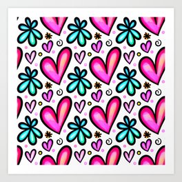 Doodle Heart & Flower Pattern 02 Art Print
