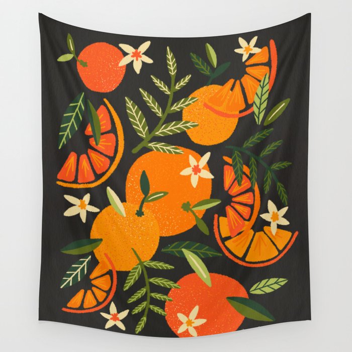 Orange Blooms – Charcoal Wall Tapestry