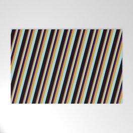 [ Thumbnail: Indigo, Goldenrod, Powder Blue & Black Colored Lines Pattern Welcome Mat ]