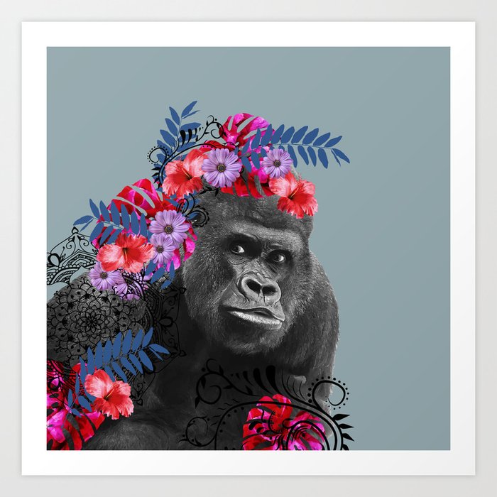 Gorilla Head Fantasy Hibiscus Flowers Monstera Leaves Art Print