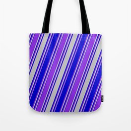 [ Thumbnail: Grey, Blue & Purple Colored Stripes Pattern Tote Bag ]