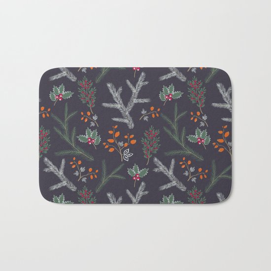 Seamless pattern with floral branches winter christmas hand drawn texture background Bath Mat