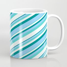 [ Thumbnail: Teal, Light Sky Blue, Turquoise & Mint Cream Colored Striped Pattern Coffee Mug ]